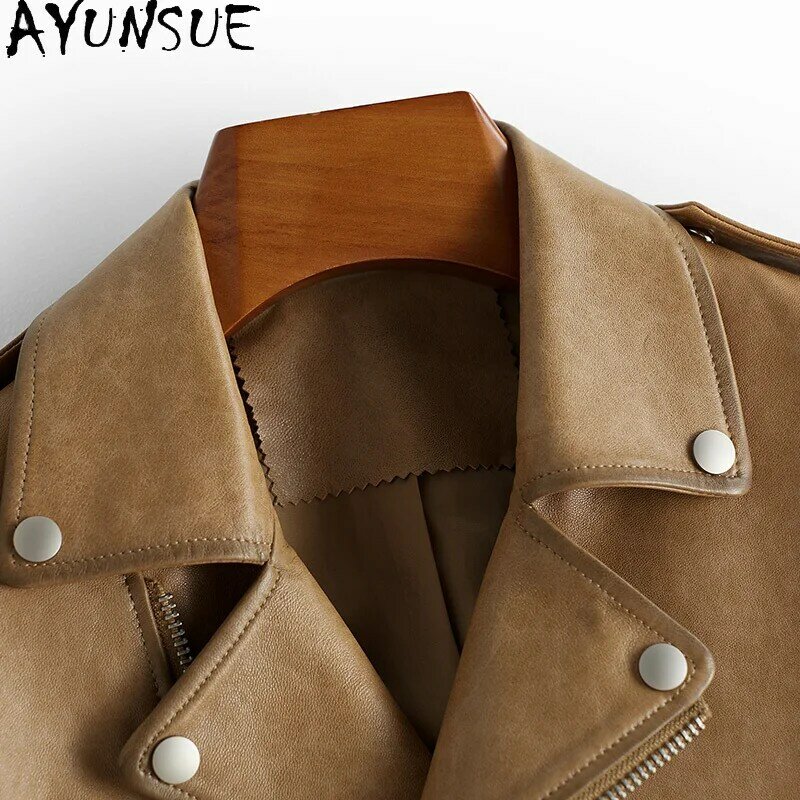 AYUN-chaqueta de cuero de motocicleta para mujer, abrigo de piel de oveja Real, ropa corta, moda de primavera y otoño 100%, 25