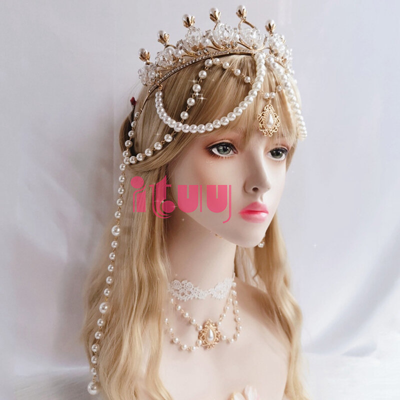 Handmade Lolita KC Apollo Sun Crown Church Angel Hanfu Gorgeous Crystal Pearl Tassels Wedding Crown Send Free Necklace Gift