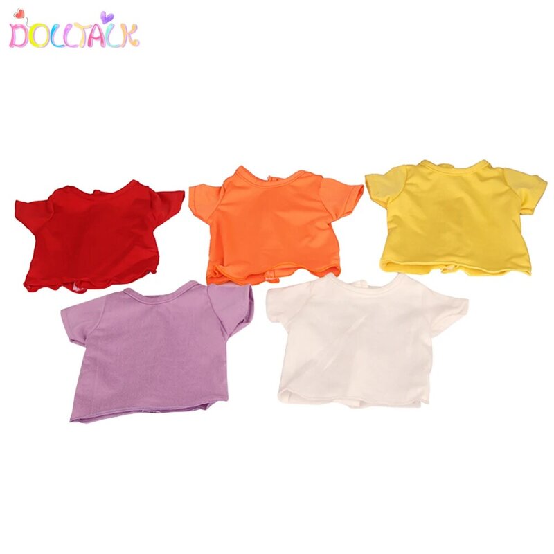 4 kolory bawełniany materiał lalki T-shirt dla 18 Cal amerykańska lalka wokół szyi z krótkim rękawem T-shirt dla 43cm noworodki Bebe Doll