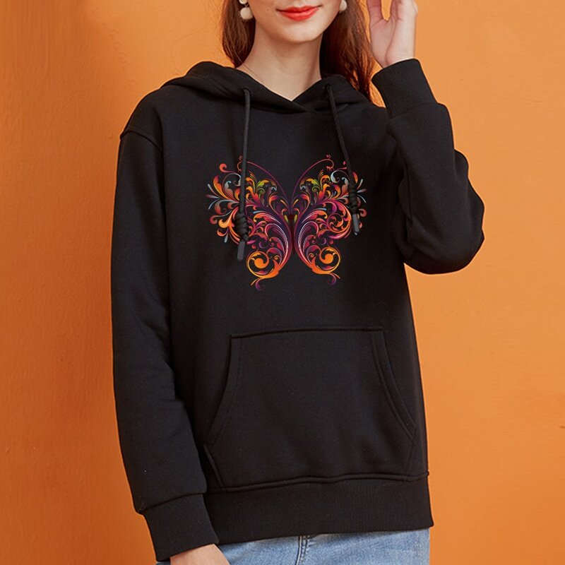 Hoodie Women's Harajuku Loose Big Pocket Sports Pullover Baseing Long Sleeve Top Personalized Butterfly Print Sports Hoodies