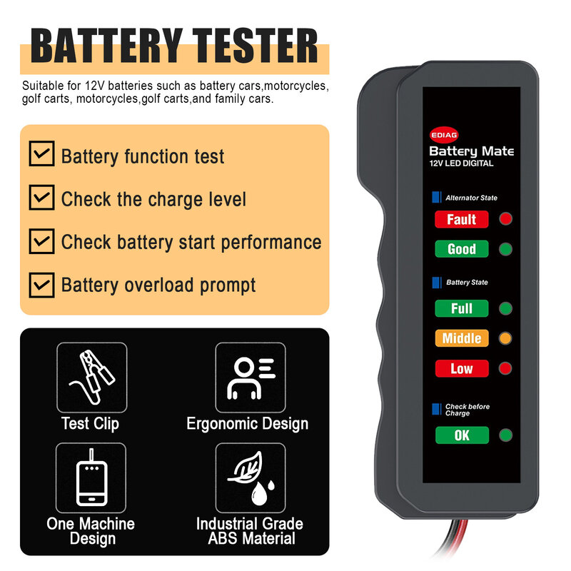 Mini 12v testador de bateria carro alternador testador digital 6 luzes led display ferramenta diagnóstico do carro para nissan audi bmw toyota vw