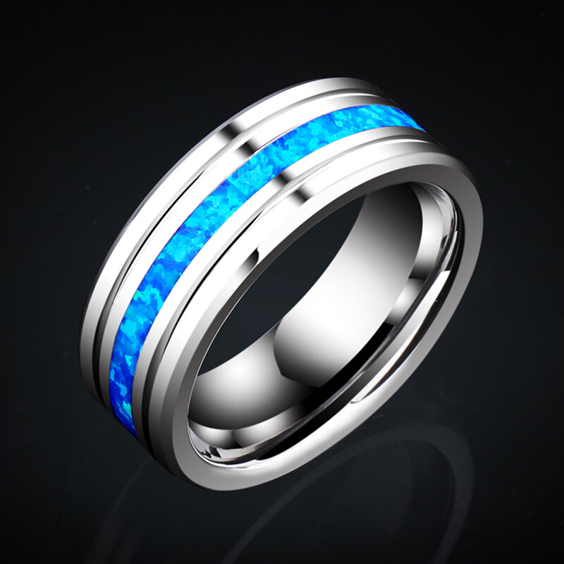 FDLK   New 8mm High Polished Stainless Steel Ring Blue Opal Center Groove Stainless Steel Men's Wedding Band
