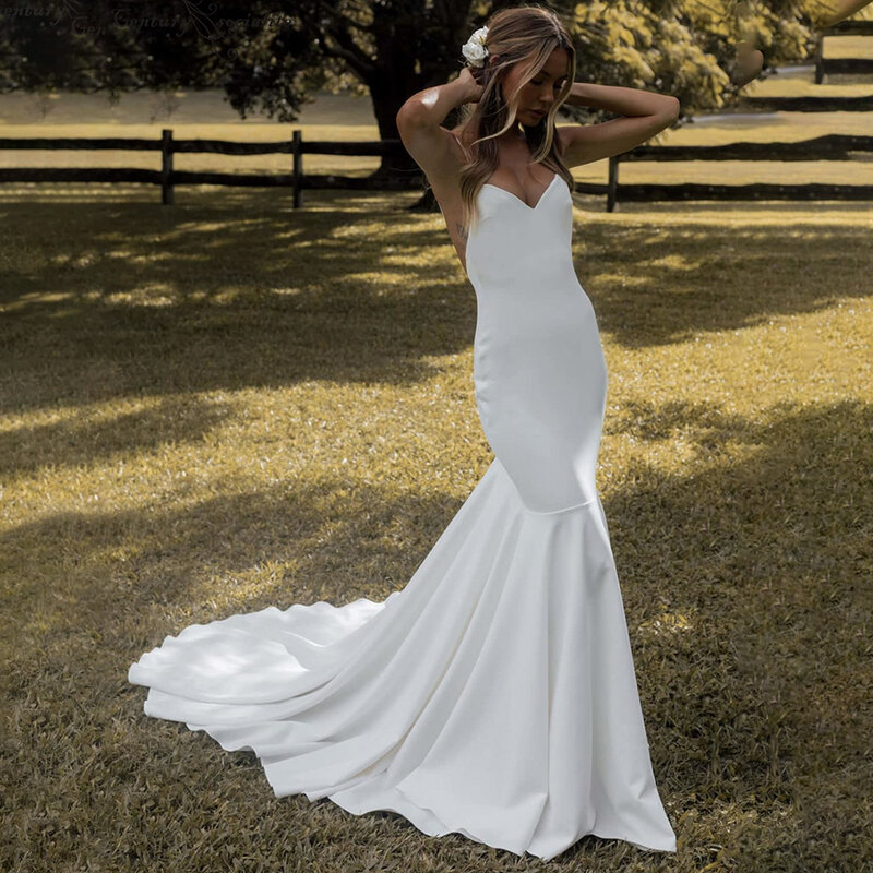 스파게티 스트랩 오픈 백 인어 웨딩 드레스, 맞춤 및 플레어 저렴한 심플 대형 짧은 기차 신부 드레스