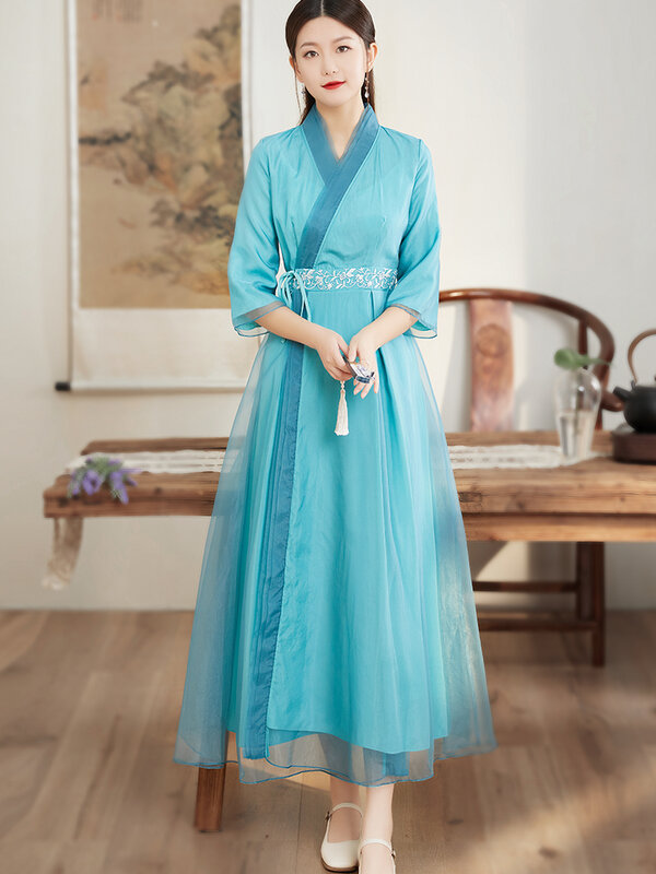 High Quality Spring Autumn Chinese Style Organza Hanfu Dress Embroidery V-neck 3/4 Sleeves Retro Elegant Belt Women Dress S-XXL