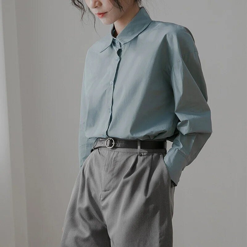 Blusa de manga larga para mujer, camisa de gran tamaño, Tops oficiales de Color sólido, primavera 2021