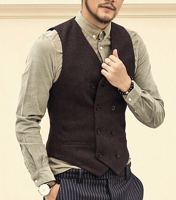 Mens Single-breasted Suit Vest V Neck Wool Waistcoat Casual Formal Double-breasted Business Vest Groomman For Wedding