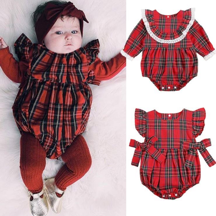 Bayi Perempuan Natal Baju Lengan Panjang Merah Plaid Ruffle Renda Baju Jumpsuit Xams Pakaian Bayi