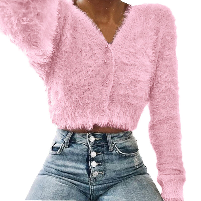 Eleganckie damskie jednolity kolor swetry kobiety moda dekolt w serek z długim rękawem Furry Casual sweter Crop popularne kobiety Top ropa mujer 9.10
