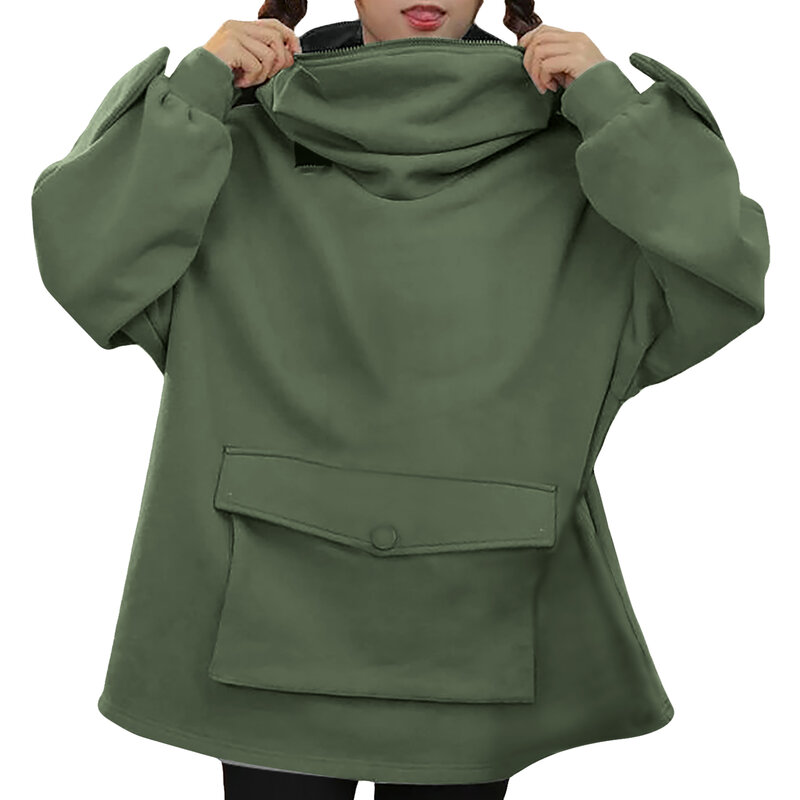 Damska nowość żaba bluza z kapturem z długim rękawem jednolity kolor płaszcz z kapturem z leniwy styl kieszenią z klapką