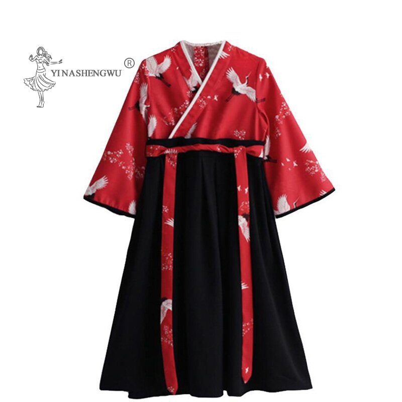Conjunto de Bata con estampado de grulla para niña pequeña, vestido japonés, Kimono, disfraz para niño, Tops Bordados florales, falda, ropa Yukata para niño