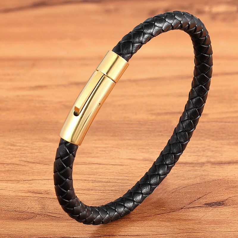 Fashion Simple Style Stainless Steel Men's Woven Leather Bracelet Multicolor Black Leather Bracelet Boy Handsome Birthday Gift