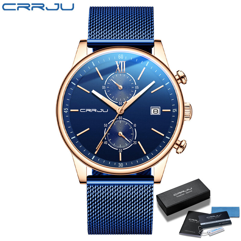 Crrju novo relógio esportivo masculino topo de luxo aço inoxidável cronógrafo relógio moda casual calendário quartzo relógio relogio masculino