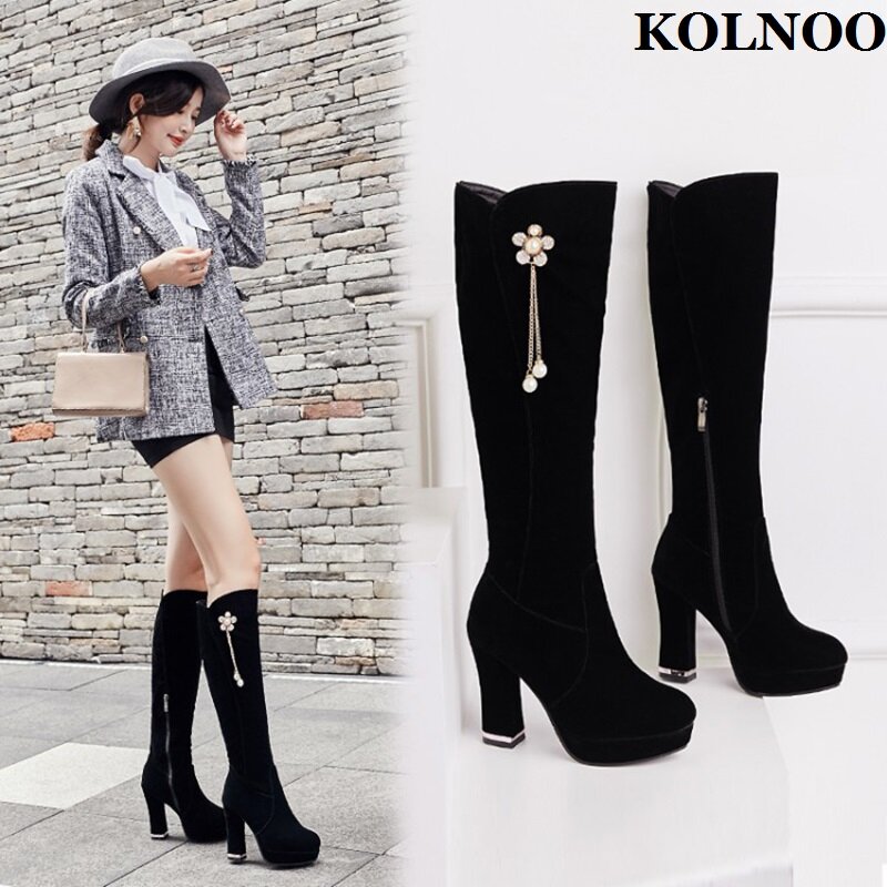 Kolnoo-Botas de tacón grueso hechas a mano para mujer, con perlas de Rhinstone, sexys, con plataforma, de felpa corta, a la moda, para fiesta de noche, zapatos negros