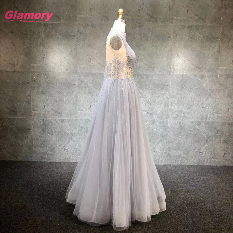 2021 Full Sleeve O-Neck Ball Gown Beading Embroidery Tulle Floor-Length Evening Dresses