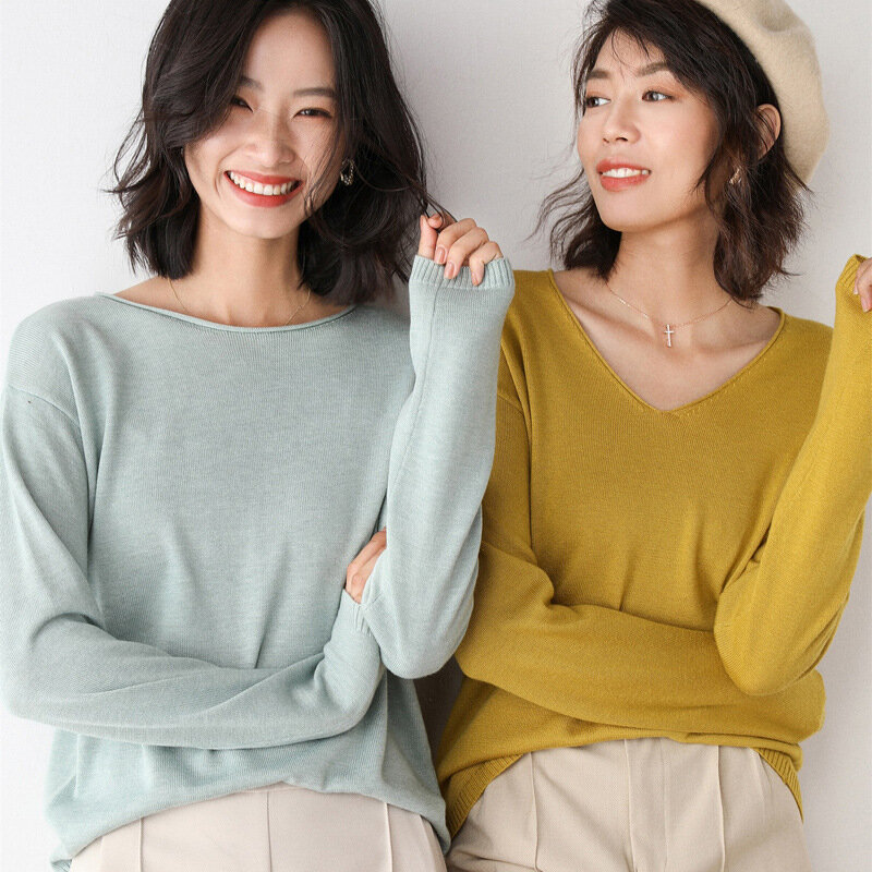 2021 Autumn Winter Thin Sweater Women Knitted Sweater Fashion Crew-V-neck  Ladies Winter Sweater Korean College Style