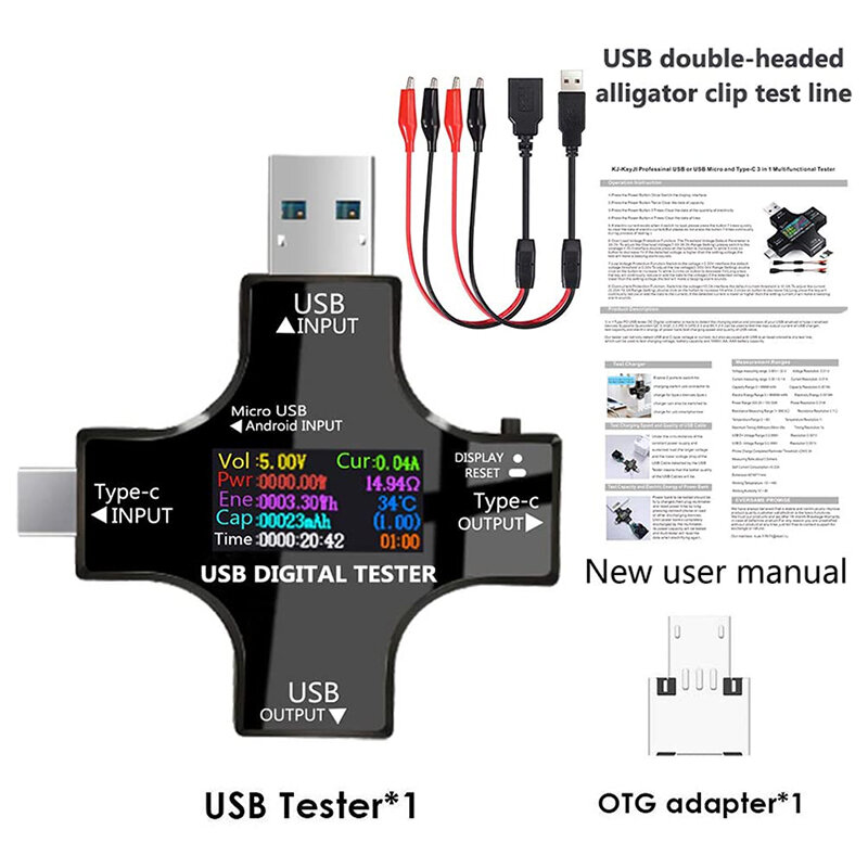 USB C Tester,2 In 1 Tipe C USB Tester Layar Warna IPS Digital Multimeter, Tegangan, Arus, Daya, Resistensi, Suhu, dengan Klip