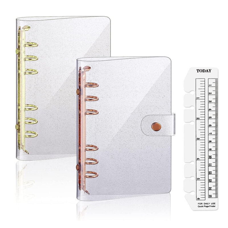 2 pacote a6 pvc 6-ring binder capa com régua, planejador de caderno de ouro rosa, para a6 notebook recarregáveis, reunião, material de escritório