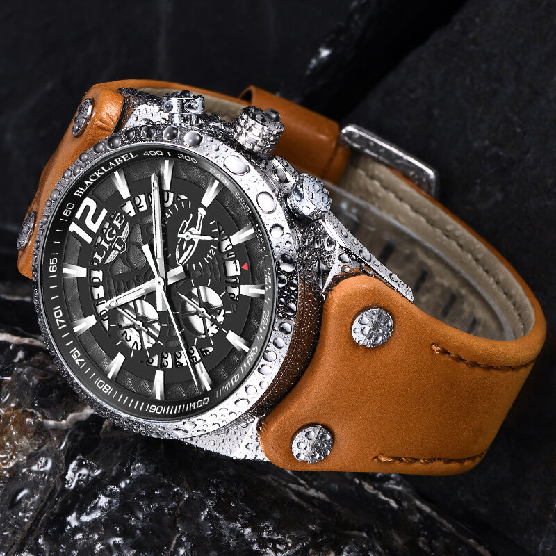 LIGE jam tangan militer pria, arloji olahraga kulit Analog merek mewah untuk tanggal Quartz 2023