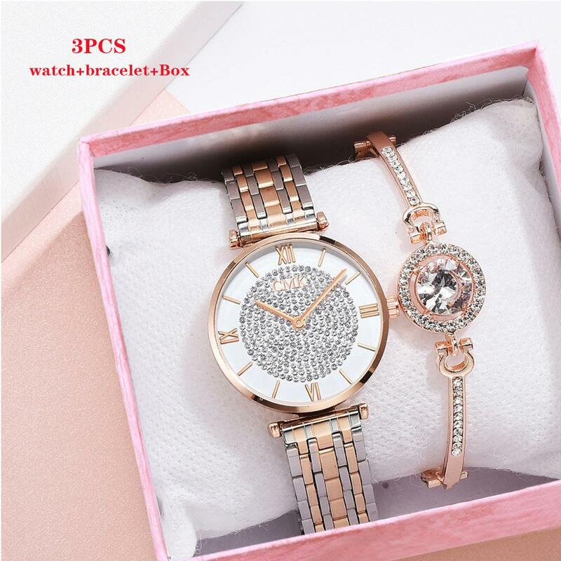 Relojes casuales de moda para mujer, reloj de pulsera de cuarzo de oro rosa, de lujo, con diamantes de imitación, 2020