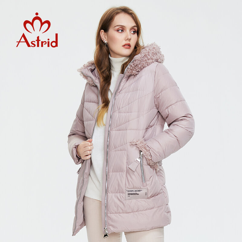 アストリッド2022冬の女性の長さのコートの毛皮の襟ダウンジャケットの女性パーカフード付きファッションプラスサイズパーカー女性のコート9530