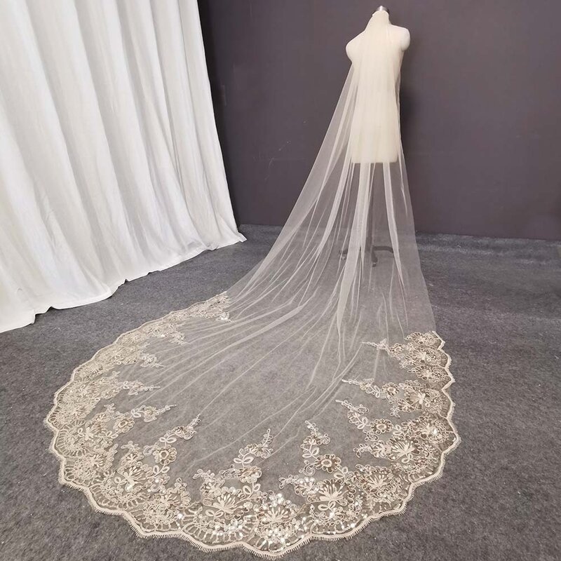 Champagne Lace Long Wedding Veil Shine Sequins Lace Soft Tulle Bridal Veil with Comb Cathedral Veil Wedding Accessories