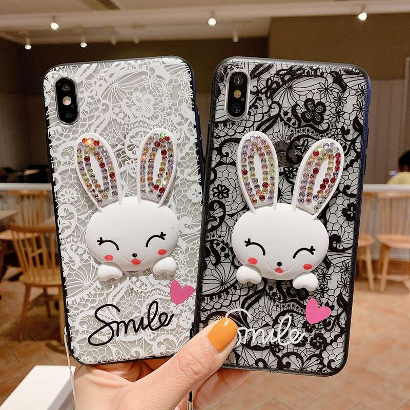 Cute Lace Bear Rabbit Flower Case For Samsung Galaxy A70 A50 A80 A90 A40 A30 A20 M10 M20 M30 Girl Makeup Mirror Lanyard Strap