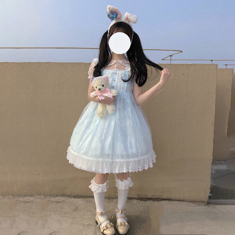 Lolita kawaii concha jacquard japonês macio irmã doce menina vestido de alça jsk menina verão