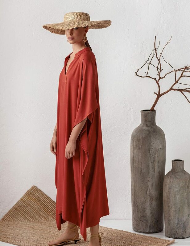 Bsubseach – robe longue à manches chauve-souris pour femmes, Caftan, rouge, soie, col en V, Maxi, été