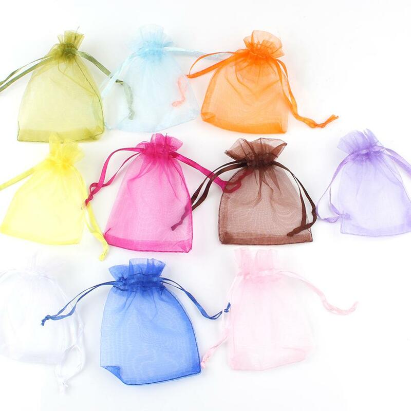 Organza Drawable Gift Bags, Decoração de Festa de Casamento, Jóias Exibição Embalagem Bolsas, 7x9 cm, 9x12 cm, 10x15 cm, 13x18cm, 50Pcs