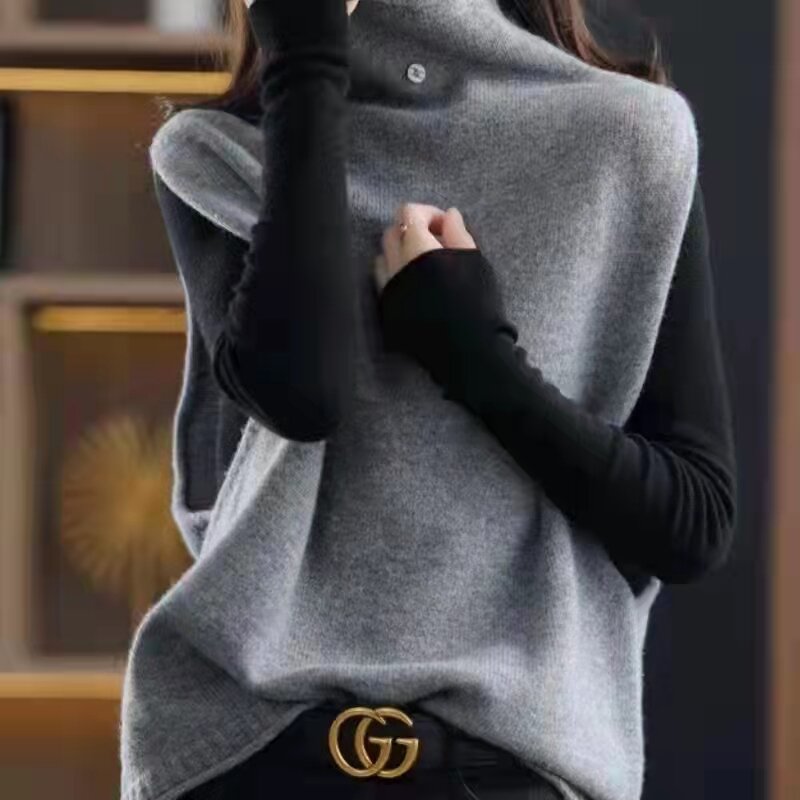 Colete feminino outono/inverno 2021 novo colete gola alta 100% puro lã colete moda malha solta pulôver sem mangas moletom