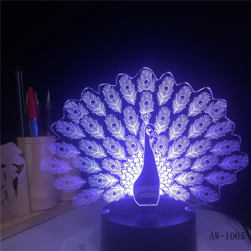 3D лампа в виде павлина, светодиодный ночник, атмосферный ночник, USB, 7 цветов, меняющий цвет, сенсорный светодиодный светильник для вечерние ринки, декоративсветильник светильник