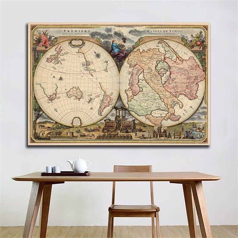 Mapa Vintage Retro de la primera Pangea del vino, 90x60cm, pintura en lienzo, carteles e impresiones para la decoración del hogar, Bar y Hotel