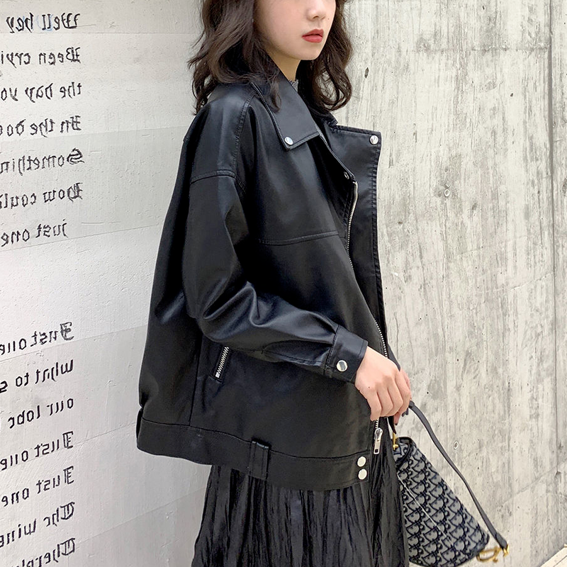 สีดำหนังแจ็คเก็ตผู้หญิง Streetwear ซิปหลวมผู้หญิง Biker แจ็คเก็ตเกาหลีแฟชั่น Y2K Chic หนัง Harajuku Coat 2021
