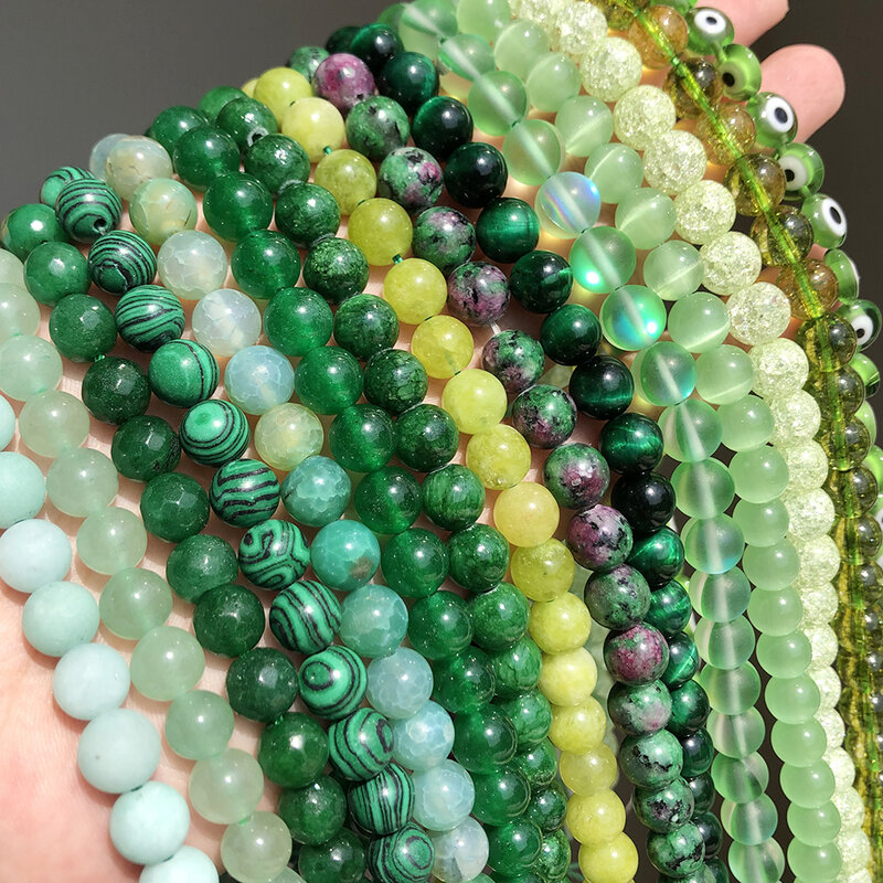 Natural Stones Green Agate Jade Jasper Tiger Eye Beads Round Loose Jewelry Beads for Making Bracelets DIY Accessories 15inch