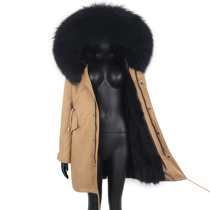 Parka impermeável com gola de pele de guaxinim real para mulheres, parka destacável casaco feminino pele de raposa natural jaqueta de inverno