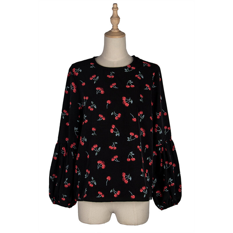 Блузка осенне-весенняя повседневная черная вишня с принтом с рукавами-фонариками, рубашка, модная новинка 2020, женская одежда
