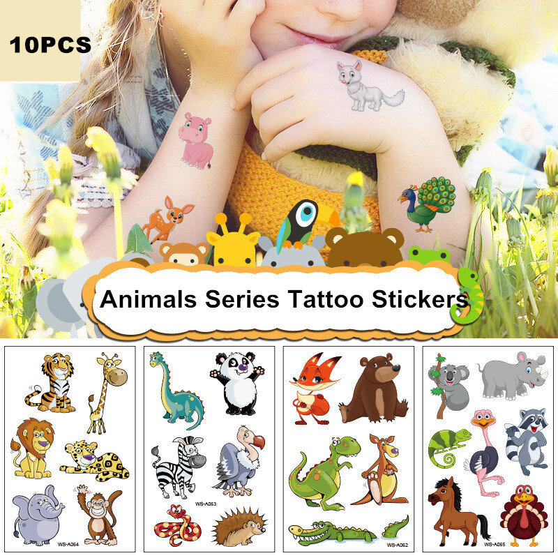 10Pcs Kinderspeelgoed Tattoo Stickers Cartoon Dier Giraffe Tigher Beer Kat Waterdichte Body Gezicht Kids Tijdelijke Tattoos Sticker