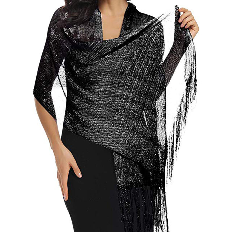Women For Evening Dresses With Tassels Cover-up Accessory Wedding Wraps Gift Metallic Shawls Lightweight Sparkling Scarf Mesh