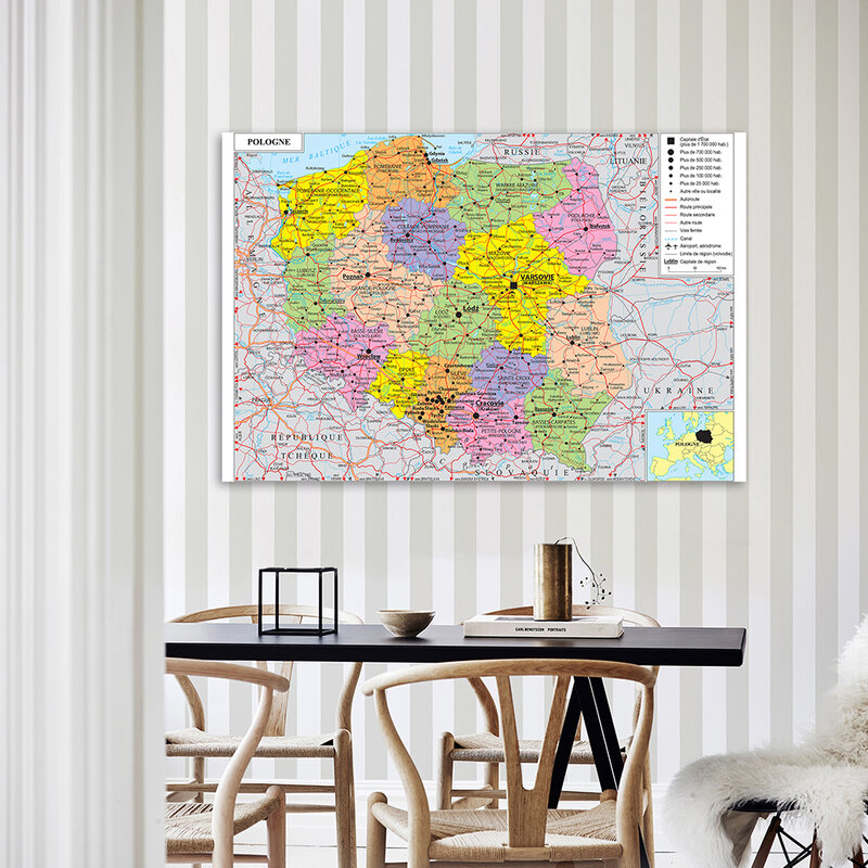 150*100cm pôster de parede da polônia, mapa de transporte (em francês), pintura em tela não tecida, decoração para casa, material escolar