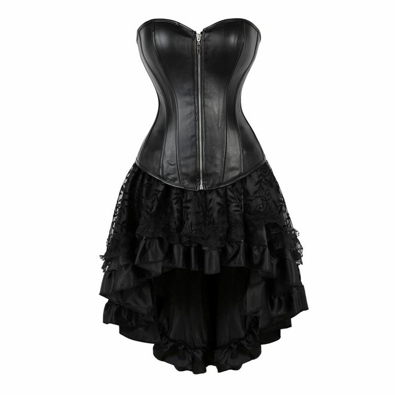 Gothic Steampunk Sexy Leather Zipper Overbust Corset Top Hot Lingerie Bustier Asymmetrical Floral Lace Skirt Club Party Costumes
