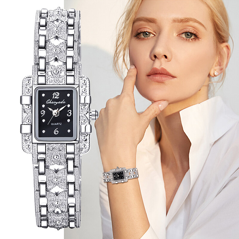 Reloj de esfera rectangular para mujer, relojes de cristal de acero inoxidable plateado, Relojes de cuarzo de moda para mujer, relojes principales, gran oferta