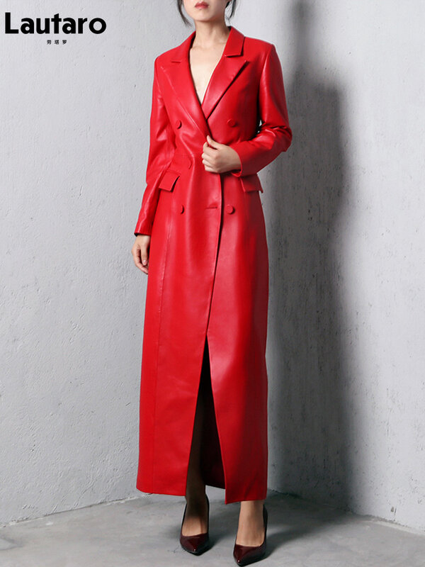 Lautaro wiosna jesień bardzo długi czerwony miękki Faux skórzany płaszcz trencz dla kobiet pokój łuszcz luksusowa elegancka brytyjska moda 2022