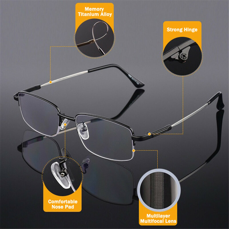 IENJOY Multifocal Reading Glasses Progressive Bifocal Men Blue Light Blocking Glasses Metal Memory Material Reading Glasses
