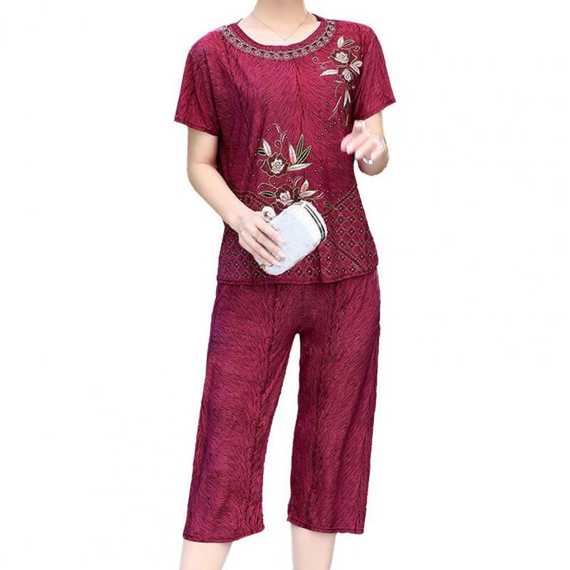 Zomer Vrouwen Broek Set Pyjama Pak O Hals Bloemenprint Korte Mouw T-shirt Broek Losse Outfit Voor Midden-Aged mom Vrouwen Pak