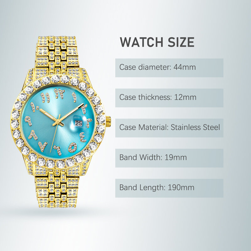Reloj de oro de 18k para hombre, pulsera de cuarzo de lujo con diamantes de imitación, estilo Hip Hop, resistente al agua