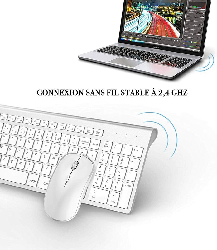 2.4G Wireless Keyboard and Mouse AZERTY--French Layout Compatible with iMac Mac PC Laptop Tablet Computer Windows (Silver White)