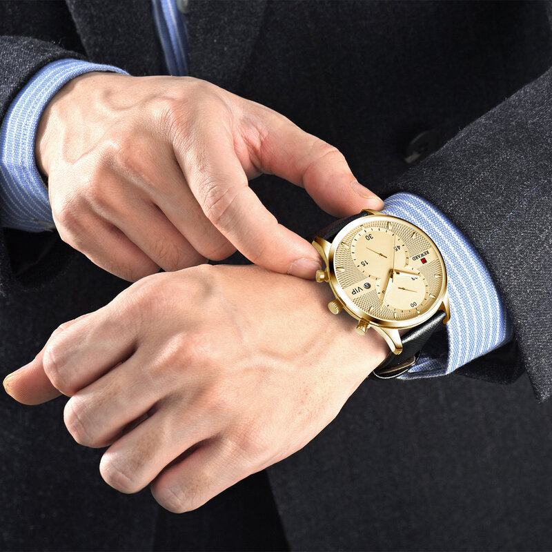 Relógio de pulso masculino quartz, relógio preto dourado com visor, calendário à prova d'água
