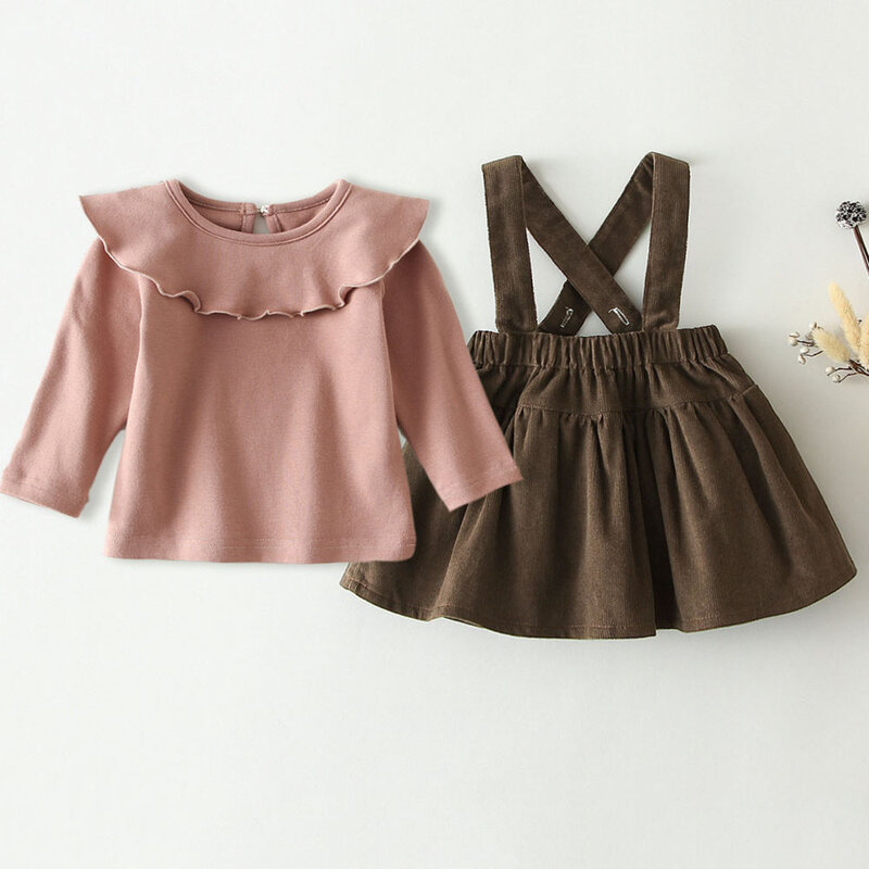 한국 디자인 아기 소녀 옷 세트, 봄 가을 신생아 아기 소녀 옷, 아기 탑 셔츠 및 드레스, 아기 소녀 복장, 2 개