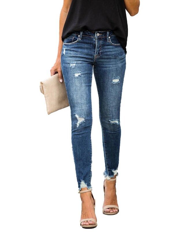 Nowa średnio wysoka talia obcisłe dżinsy rurki damskie Vintage Distressed spodnie dżinsowe otwory zniszczone ołówkowe spodnie spodnie typu Casual letnie porwane jeansy