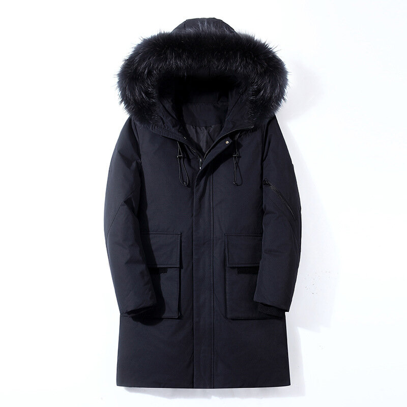 화이트 덕 다운 재킷 남성복 중간 길이 따뜻한 큰 모피 칼라 후드, 겨울 신상 스타일